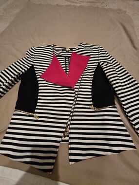 Talbots Black and White Striped Blazer with Fuchsia Trim